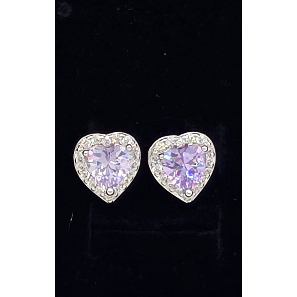 Natural Amethyst Heart Stud Earrings 925 Sterling Silver Purple Gemstone Halo